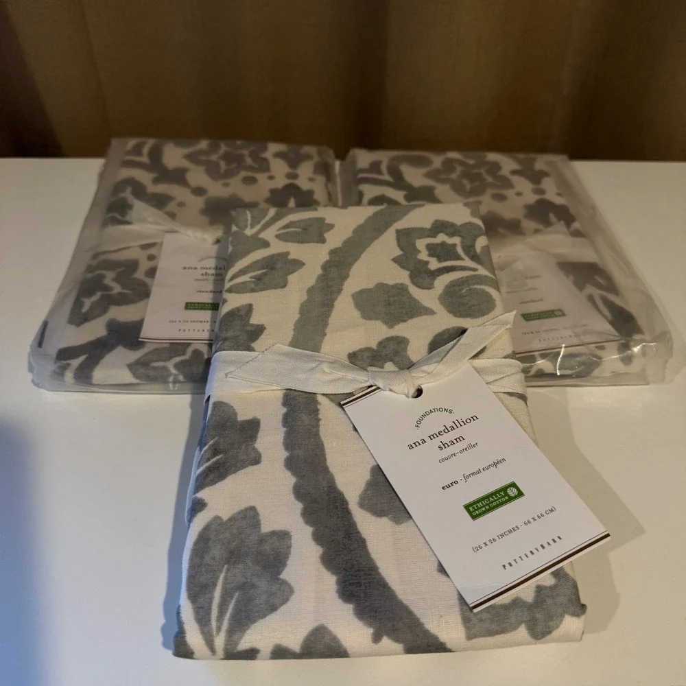 Pottery Barn Ana Medallion Gray‎ White Cotton Sham Set 2 Standard 1 Euro NEW